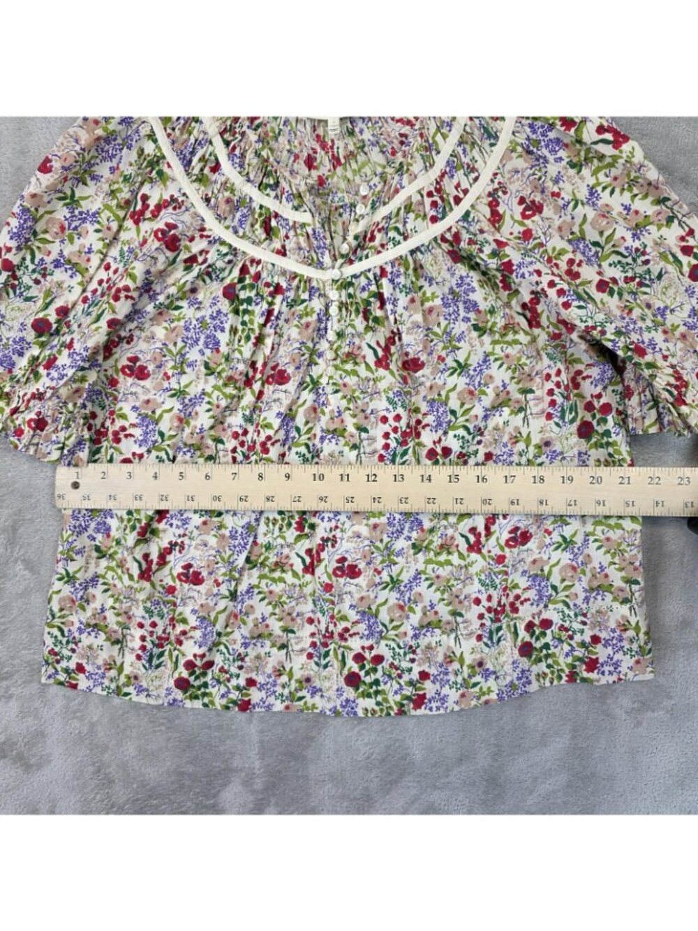 THE GREAT. Blouse Womens 2 Multicolor Floral Henley Puff Sleeve Boho Top - Picture 9 of 10